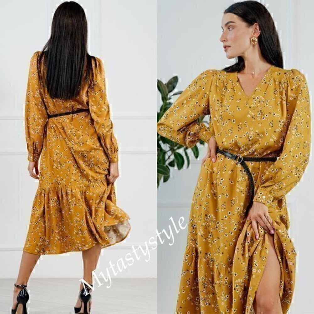 NWT Yellow Mustard Floral Romantic Boho Ruffled Cotton Midi Dress